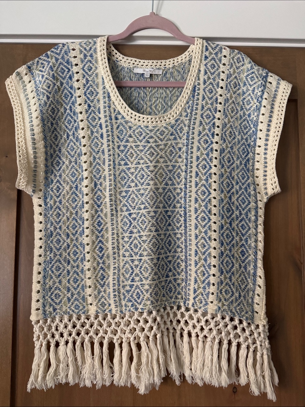 Miss Me Fringe Sweater Vest Top Womens L Bohemian crochet Layering Coastal Beach